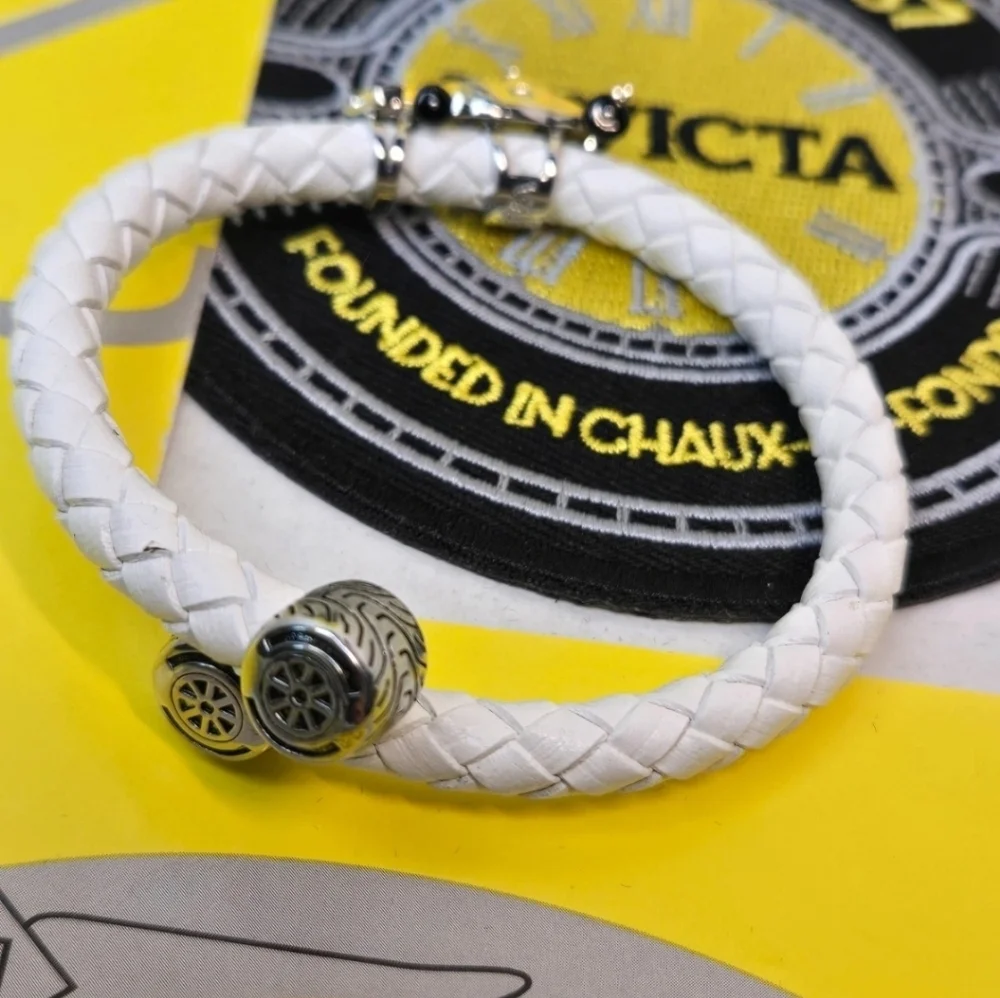 Invicta Racing Cuff Bracelet White Braided Leather Band IG0353 F1 Race Car